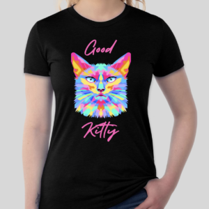 The Good Kitty t-shirt features a rockstar kitty on the front of the shirt. The kitty dons various neon colors. The traditional BHS logo has been applied to the back of the t-shirt.